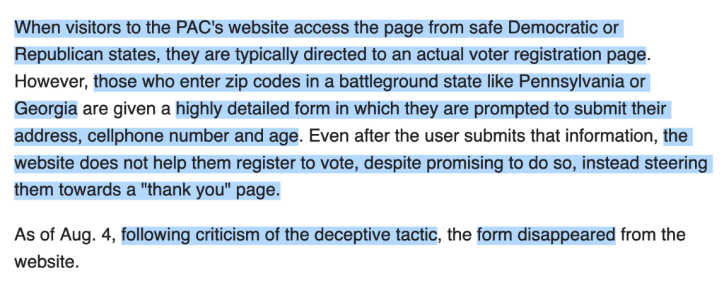 screenshot 2024 10 26 at 12 49 20 elon musk's pro trump pac is now under investigation for falsely claiming to register voters salon.com