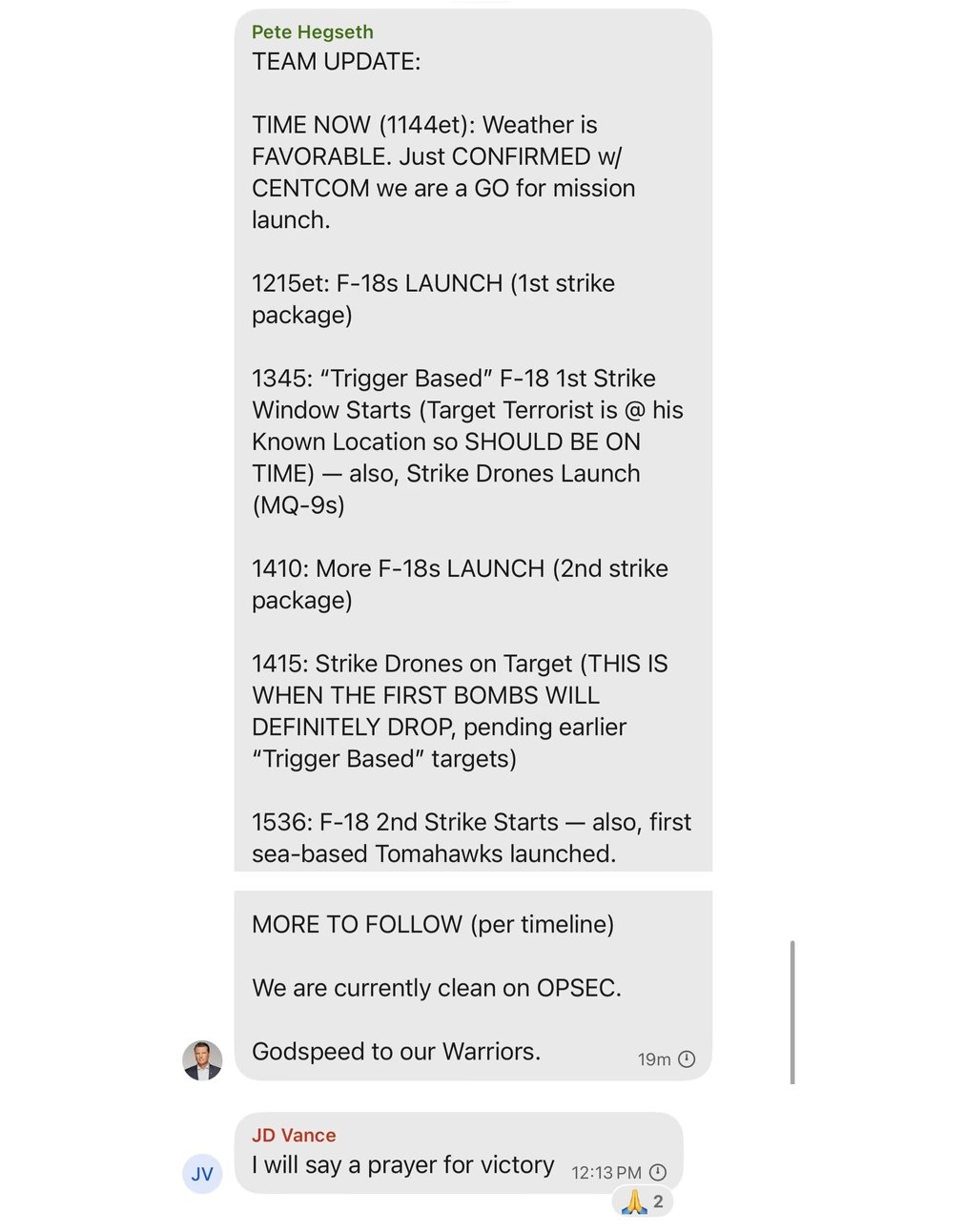 A screenshot from the group chat that shows Pete Hegseth providing a timeline of military strikes beginning at 11:44 Eastern. 