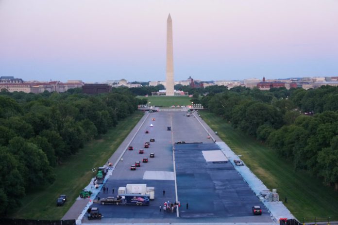 u.s. president trump visits the under renovation lincoln memorial reflecting pool, in washington